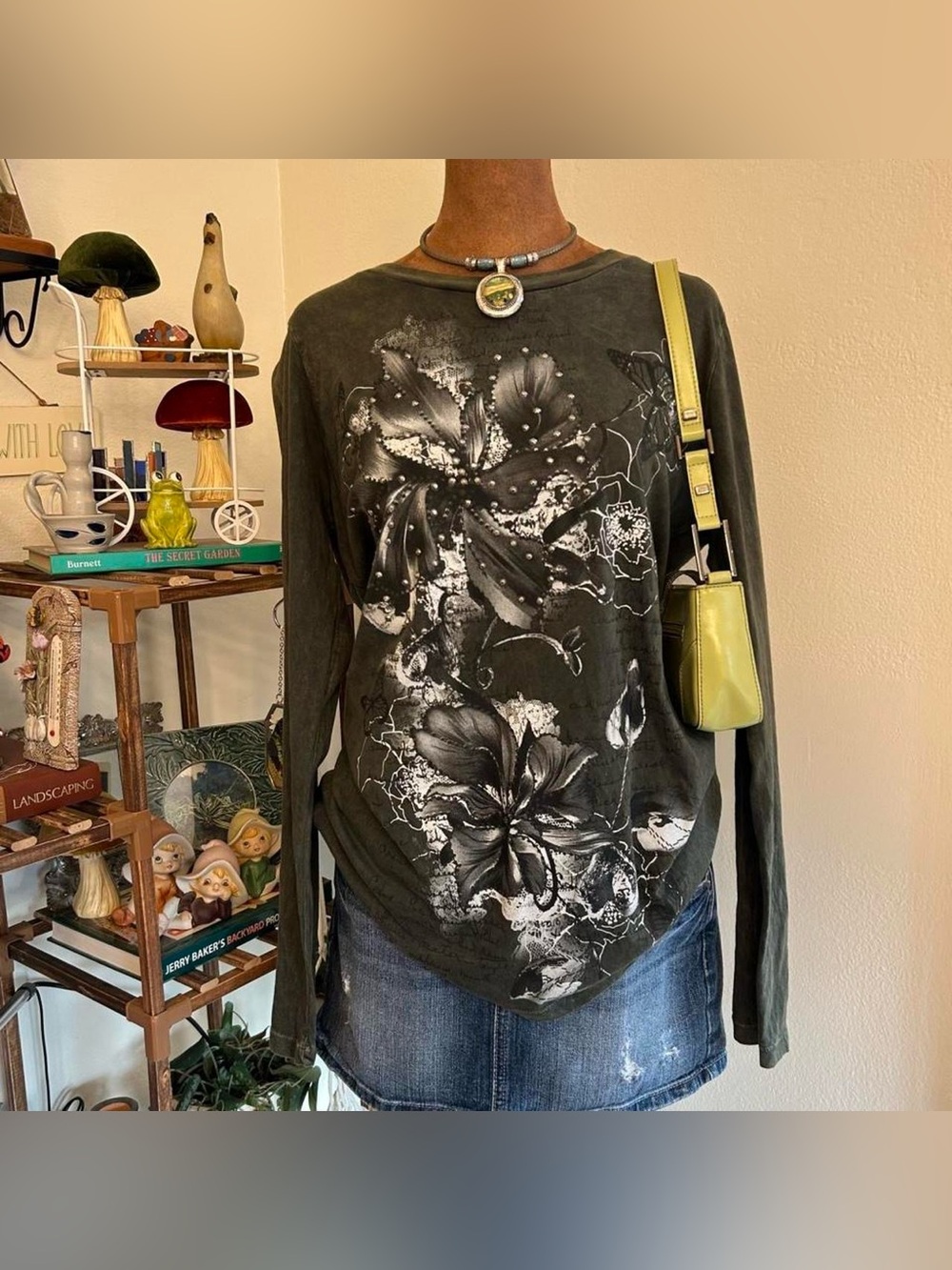 Vintage Y2K Grunge Green Studded Floral Long Sleeve Shirt by Ragzzz